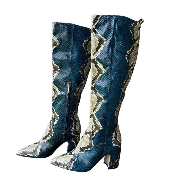 Sam Edelman Leather Boots Hai Snakeskin Peacock Blue Knee High Women 6.5‎ M EUC - Picture 2 of 10